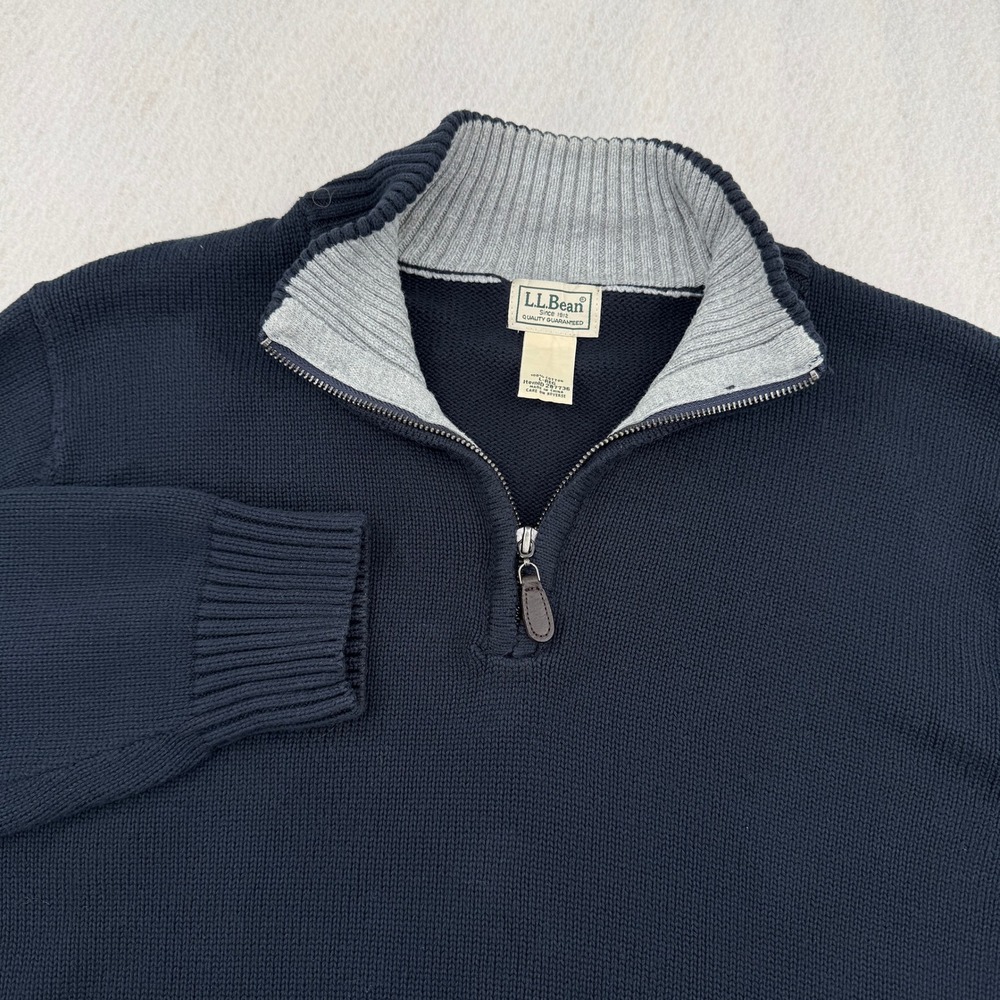 LL Bean Mens Large Navy Blue 100% Cotton Quarter Zip Pullover Sweater 287736